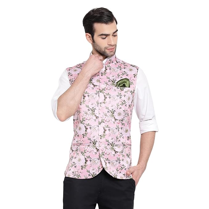 Mens Silk Blend Nehru Jacket - Timeless Style & Versatility | Digital Floral Printed Ethnic Sleeveless Coat for Formal & Casual Wear