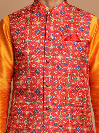 Men's Maroon Color Patola Print Nehru Jacket