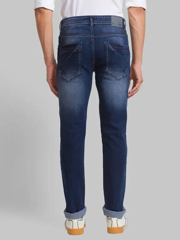 Men Blue Slim Tapered Fit Jacquard Cotton Blend Jeans