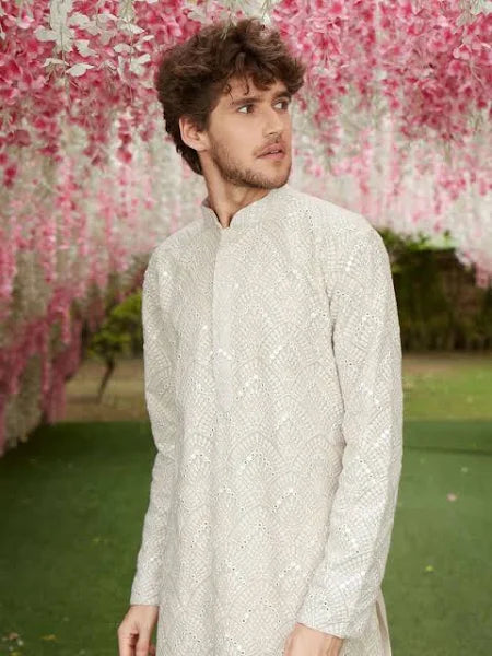 Men Grey Ethnic Motifs Embroidered Mirror Work Georgette Kurta