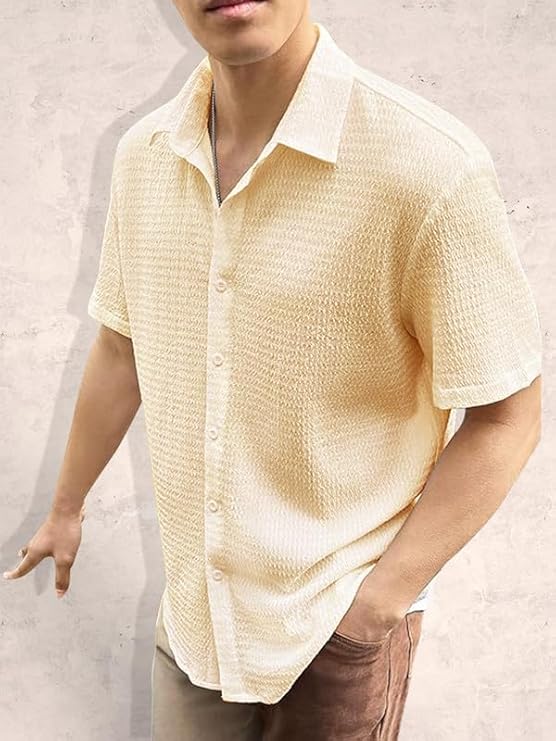 Men's Popcorn Shirt Texture Pattern Men's Regular Fit Casual Shirt Half