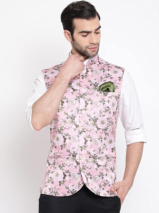 Mens Silk Blend Nehru Jacket - Timeless Style & Versatility | Digital Floral Printed Ethnic Sleeveless Coat for Formal & Casual Wear