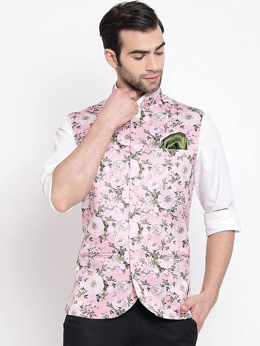 Mens Silk Blend Nehru Jacket - Timeless Style & Versatility | Digital Floral Printed Ethnic Sleeveless Coat for Formal & Casual Wear