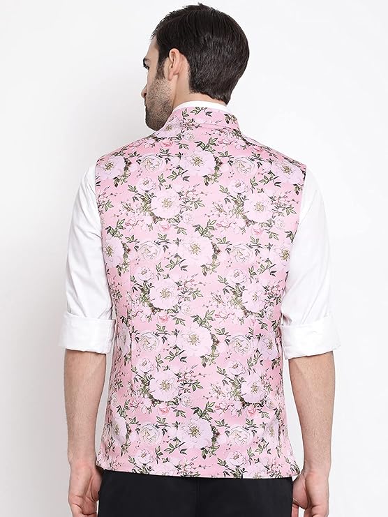 Mens Silk Blend Nehru Jacket - Timeless Style & Versatility | Digital Floral Printed Ethnic Sleeveless Coat for Formal & Casual Wear