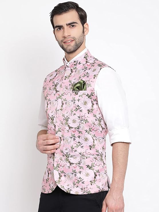 Mens Silk Blend Nehru Jacket - Timeless Style & Versatility | Digital Floral Printed Ethnic Sleeveless Coat for Formal & Casual Wear