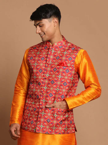 Men's Maroon Color Patola Print Nehru Jacket