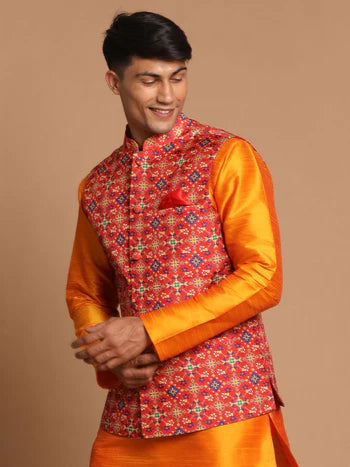 Men's Maroon Color Patola Print Nehru Jacket