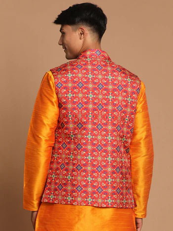 Men's Maroon Color Patola Print Nehru Jacket