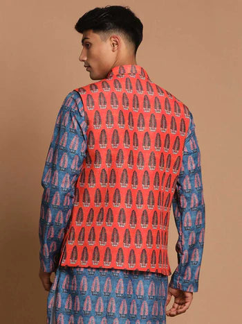 Men's Orange Printed Nehru Jacket