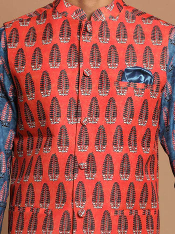 Men's Orange Printed Nehru Jacket