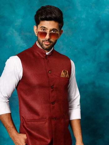 Men's Maroon Woven Nehru Jacket