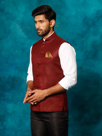 Men's Maroon Woven Nehru Jacket