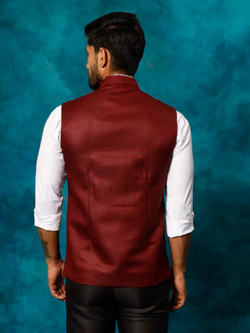 Men's Maroon Woven Nehru Jacket
