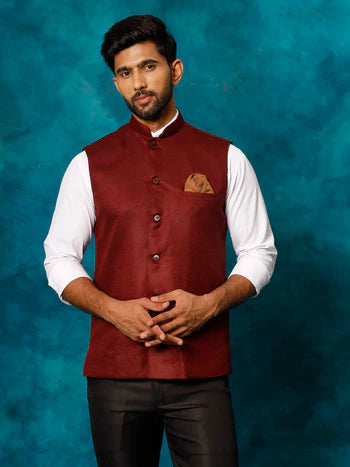 Men's Maroon Woven Nehru Jacket
