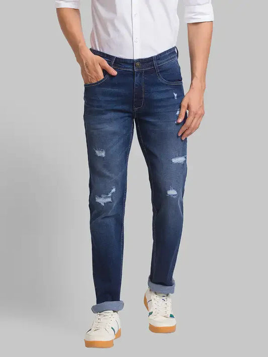 Men Blue Slim Tapered Fit Jacquard Cotton Blend Jeans