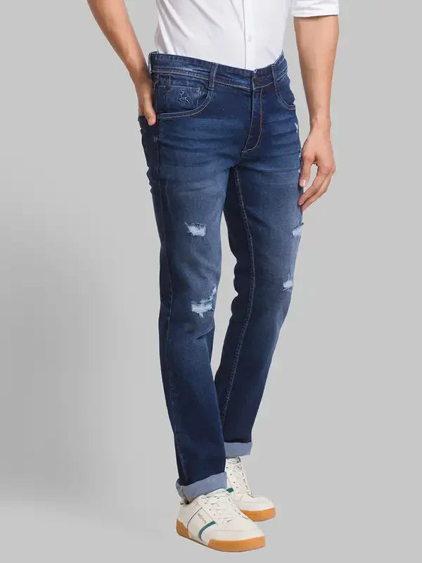 Men Blue Slim Tapered Fit Jacquard Cotton Blend Jeans