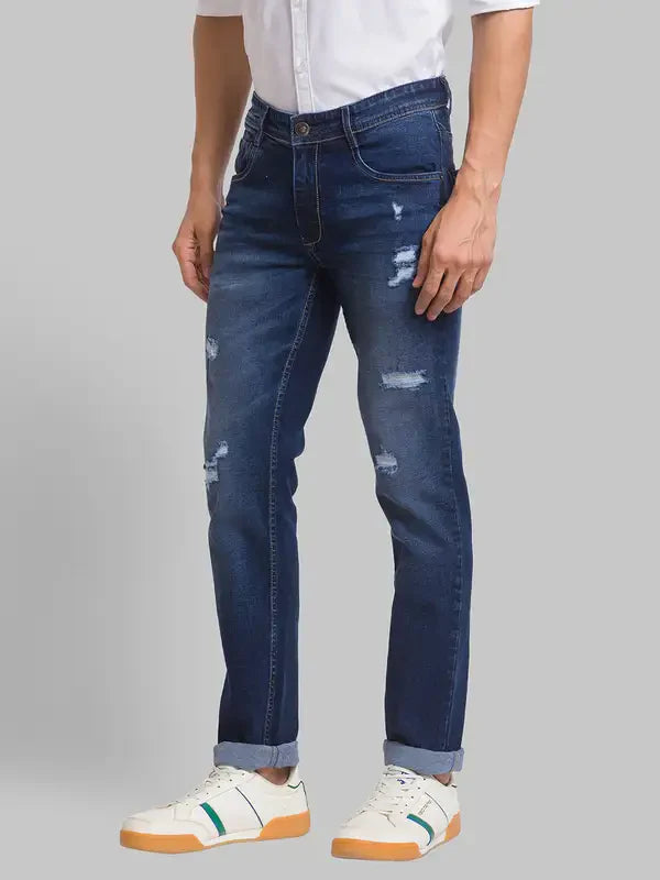 Men Blue Slim Tapered Fit Jacquard Cotton Blend Jeans