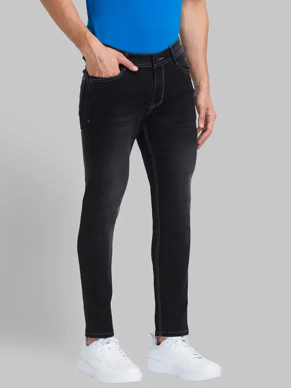 Men Black Skinny Cropped Fit Dobby Cotton Blend Jeans