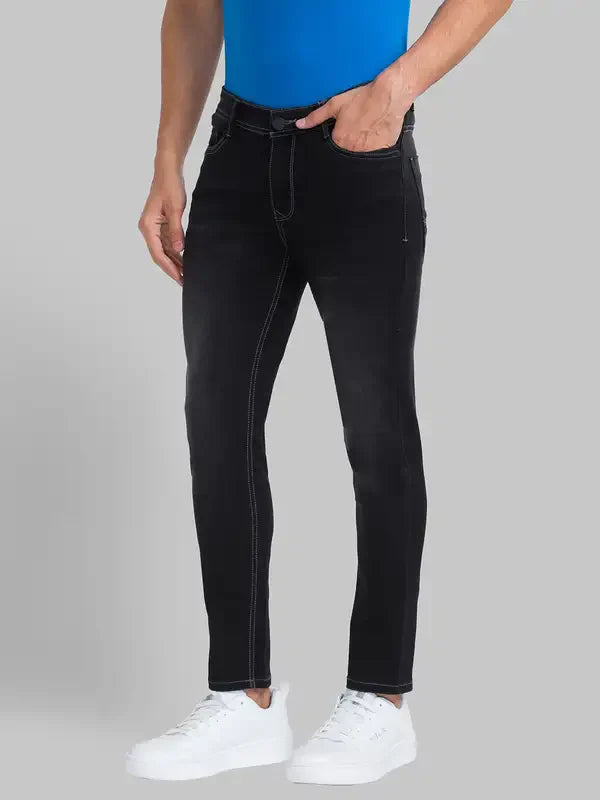 Men Black Skinny Cropped Fit Dobby Cotton Blend Jeans