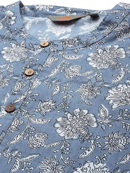 Anouk Men Grey & White Floral Printed Pure Cotton Straight Kurta