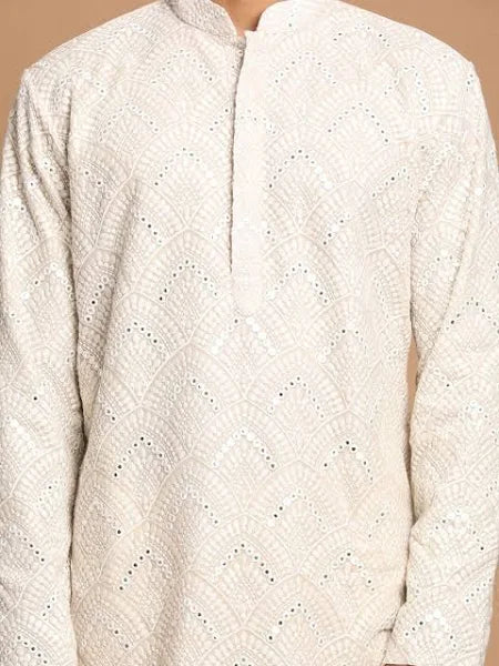 Men Grey Ethnic Motifs Embroidered Mirror Work Georgette Kurta