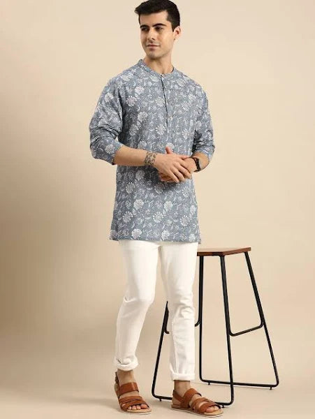 Anouk Men Grey & White Floral Printed Pure Cotton Straight Kurta