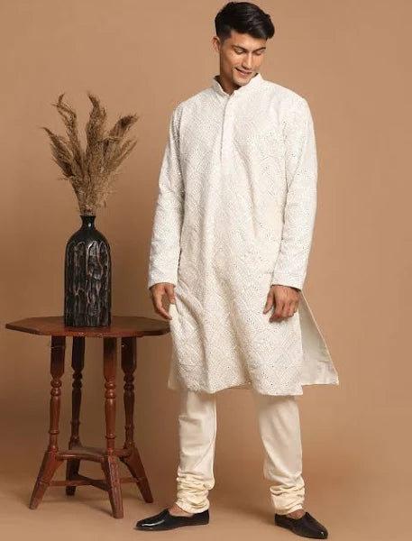 Men Grey Ethnic Motifs Embroidered Mirror Work Georgette Kurta