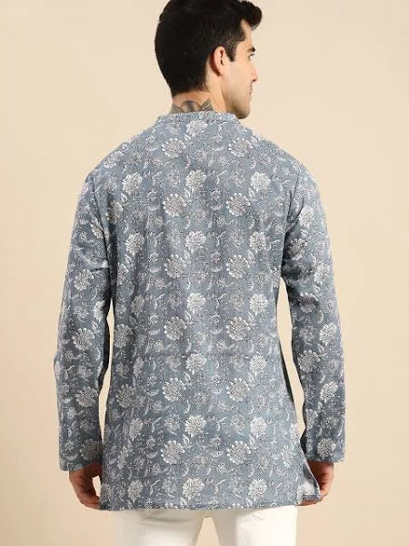 Anouk Men Grey & White Floral Printed Pure Cotton Straight Kurta