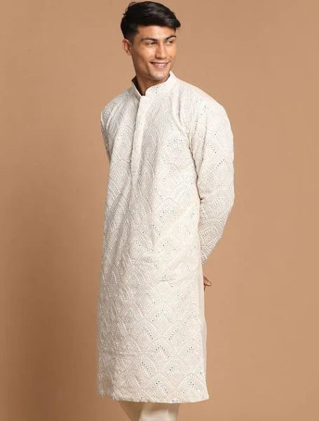 Men Grey Ethnic Motifs Embroidered Mirror Work Georgette Kurta